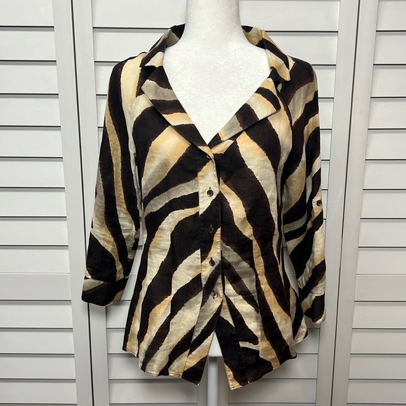 Lafayette 148 New York 100% Linen Animal Print 3/4 Roll Tab Sleeve Top Size 4 - Picture 1 of 10